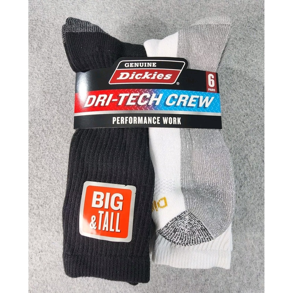 Dickies 6 Pairs‎ Big & Tall Dri-Tech Crew Work Socks Mens 12-15 Black White